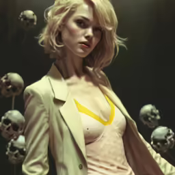 an attractive young woman in a nude top and jacket