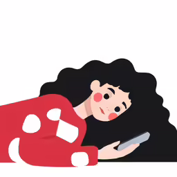a woman in red is on her stomach and looking at her phone