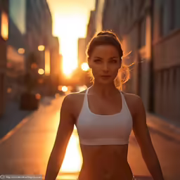 a woman in a white bra top walking down a sidewalk