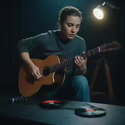 a young man is playing a guitar and holding his hands