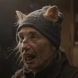 a very old man wearing a hat with some messy hair