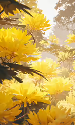 sunlight is reflected off of yellow flowers and leaves