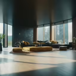 an artistic living room with large windows looking outside