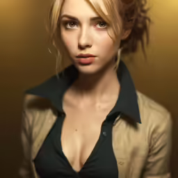 a woman in a blouse with her hair pinned back