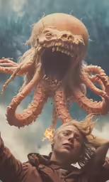 a man with his head on top of an octopus and the woman holding the octopus is staring up at something