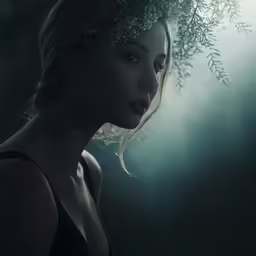a woman wearing a headpiece standing in the dark