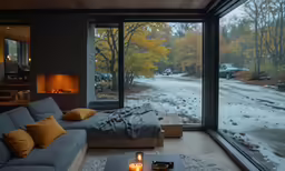 a bedroom with big windows and a couch