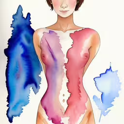 an illustration of a woman with two colors,a painting of a woman with watercolours on her body