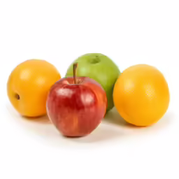 three fruits with one red and one yellow on white
