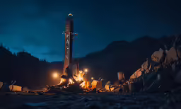 a huge crane near some rocks and lights