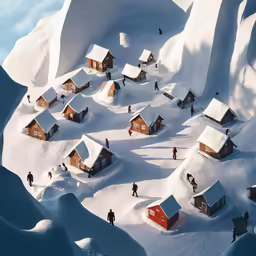 small snow village with snow - covered mountains and people standing on the snow