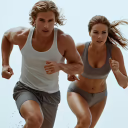 a couple running together on a beach in their underwear