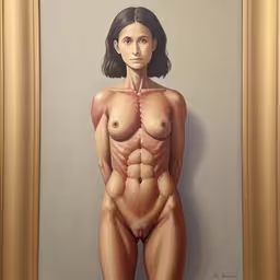 a painting of a naked woman is on display in a gold frame,a picture of a female body in a golden frame