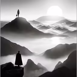 a man standing on top of a mountain with the sun setting behind him