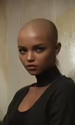 a black model in a black top looks straight ahead