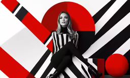 a woman sits on a wall in a black and white striped suit