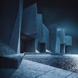 an artistic painting of architecture in the dark
