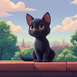 a cute little black cat sitting on top of a brick wall