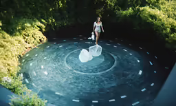 a person walking across a circular walkway near trees