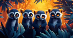 three cute, furry animals with big orange eyes stand in front of green plants