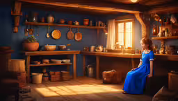 a woman sitting in a room in front of a window,a woman dressed as alice in a blue dress sitting in a kitchen with old - fashioned pots on shelves
