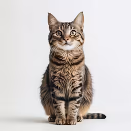 a cat sitting down, looking at the camera