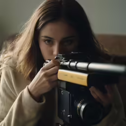 a woman holding a camera with a video set on her shoulder