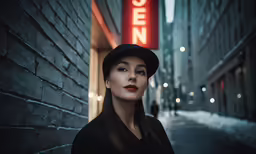 woman in black hat by stone wall and neon sign