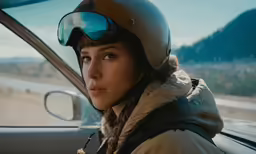 a girl is looking forward while wearing a helmet
