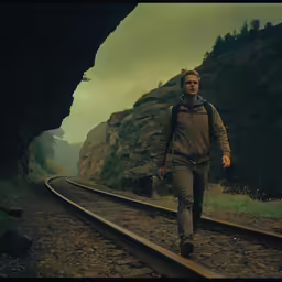 a man is walking across the train tracks