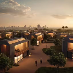 an artists impression of several modern buildings with tall buildings on either side of them