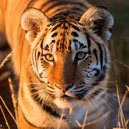 a tiger stares into the camera while in the shade