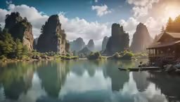 a peaceful lake surrounded by forest covered mountains