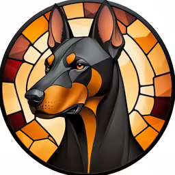 an orange and black dog sits behind a round window