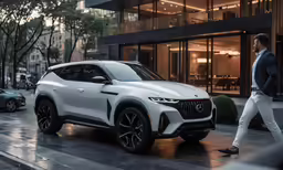 a man walking past a white masera suv