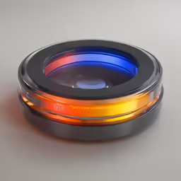there is a black and silver round with an orange yellow blue red and white light