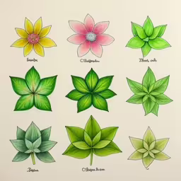 various kinds of flowers are depicted in this image,some colored plants are in the middle of different poses