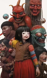 children with a strange family poses for the camera