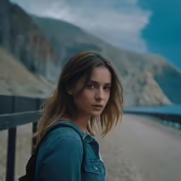 a woman is standing on the road by the ocean