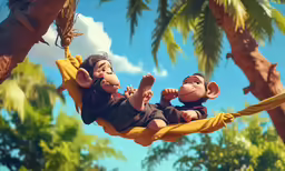 two monkeys are sitting on the palm tree