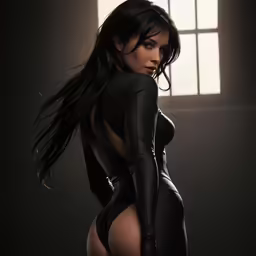 a very sexy woman in leather clothing poses for the camera