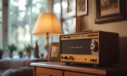 an old radio sitting on top of a wooden cabinet