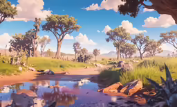 water in a landscape with grass, rocks and trees