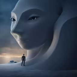 a man standing by a giant robot head in front of a sky