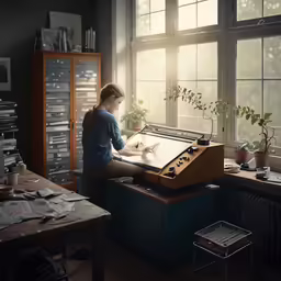 woman at the desk writing something on a paper