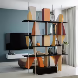 there is a colorful bookshelf and a couch in the corner