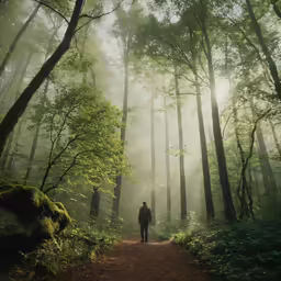 a person walking through a forest with sunlight shining through