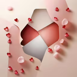 red hearts falling on a paper cutout background