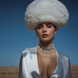 woman in a white dress with a large hat on her head