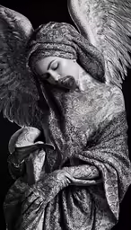 a black and white photo of a angel statue